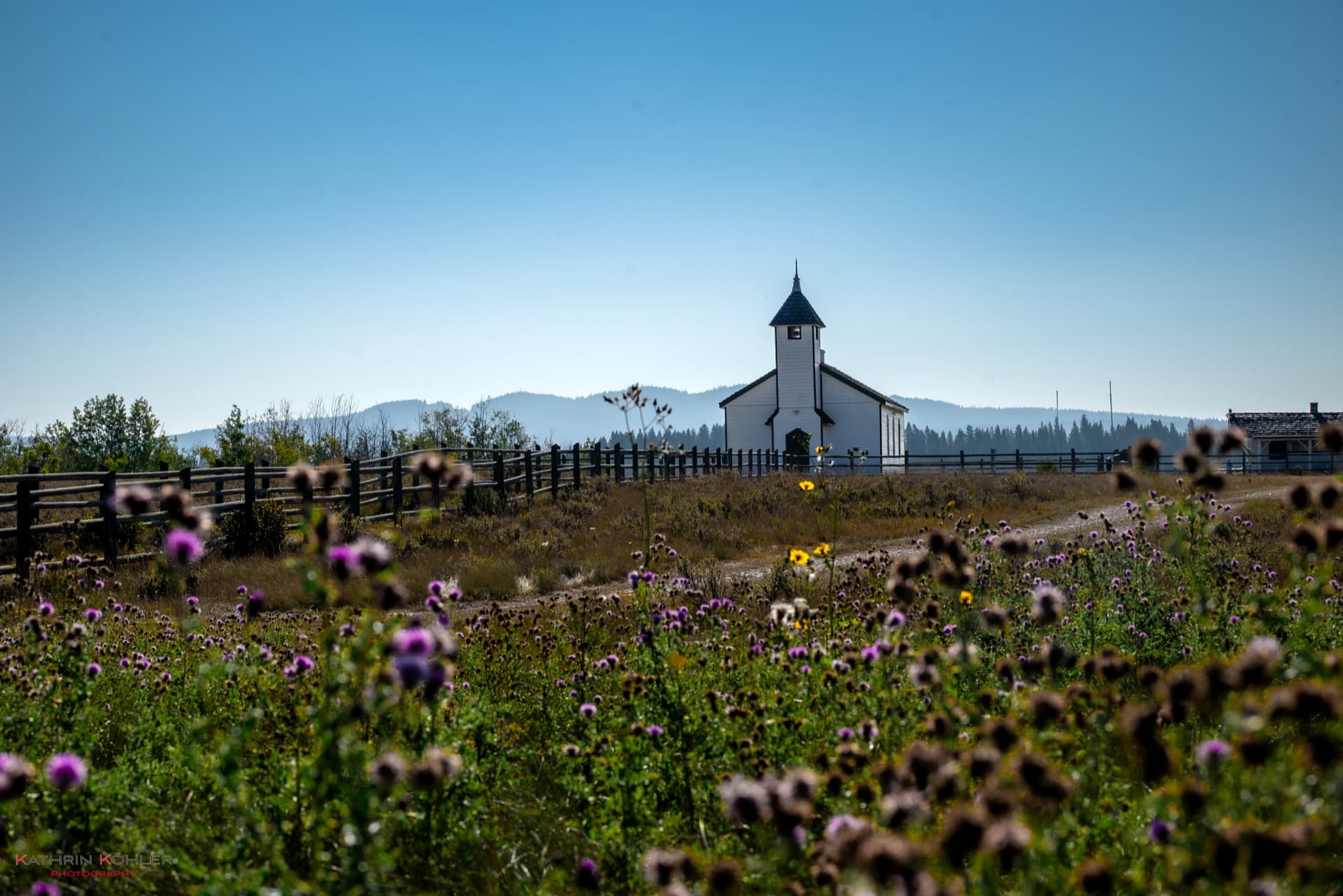 Landschaft — Kirche mit Wildblumen